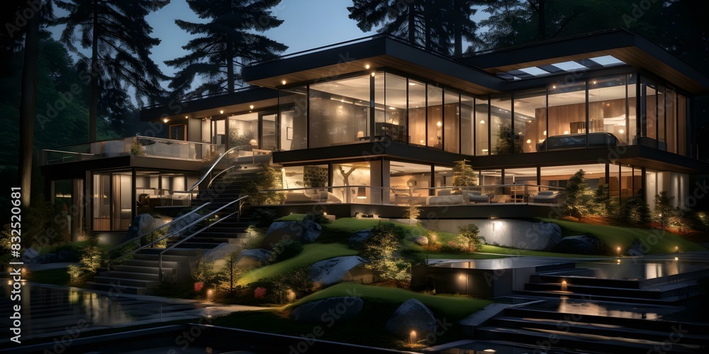 Luxurious Eco-Friendly Mansion with Woodwork and Lighting in Forest Setting at Night. Concept Luxury Living, Eco-Friendly Design, Nighttime Photography, Forest Setting, Woodwork and Lighting