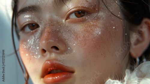 Close-up of a woman face with a focus on their eyes and lips. The woman has fair skin with visible freckles, and their face is adorned with sparkling glitter