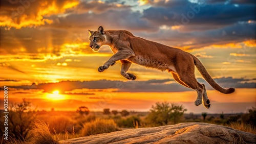 African puma cougar leaping aggressively in the wild at sunset