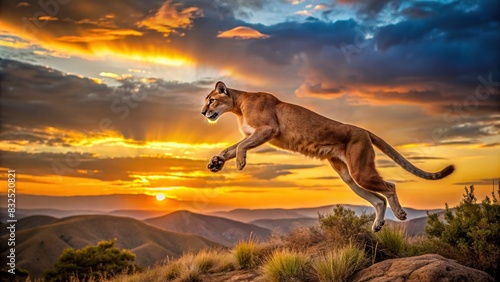 African puma cougar leaping aggressively in the wild at sunset