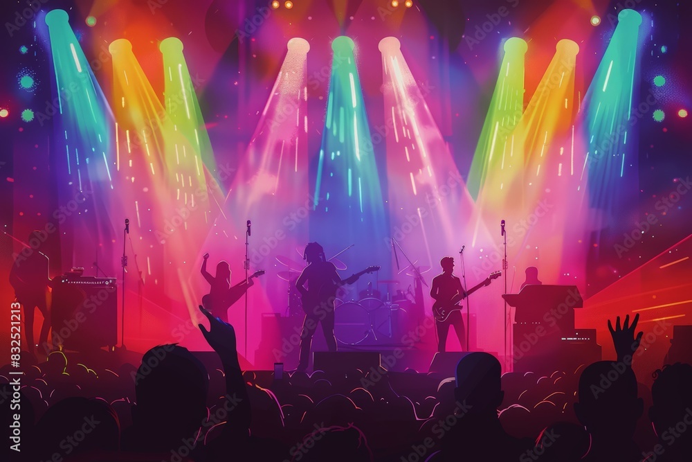 Illustration of a live music performance with vibrant rainbow lighting and an enthusiastic crowd. expressive audience, and colorful lights convey the excitement and unity of an LGBTQ+ celebration. Illustration of a live music performance with vibrant rainbow lighting and an enthusiastic crowd. expressive audience, and colorful lights convey the excitement and unity of an LGBTQ+ celebration.