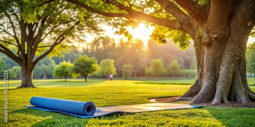 Description Tranquil city park scene with yoga mat laid out under a tree, symbolizing relaxation and mindfulness photo