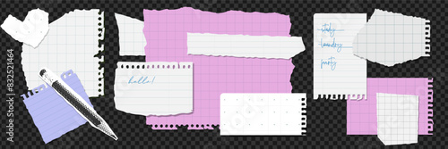 Collection of torn sheets of paper. Trendy Collage turnout elements in 90s colors. Abstract Elements and figures set. Piece of paper from scrapbook and notepad . Vector illustration.