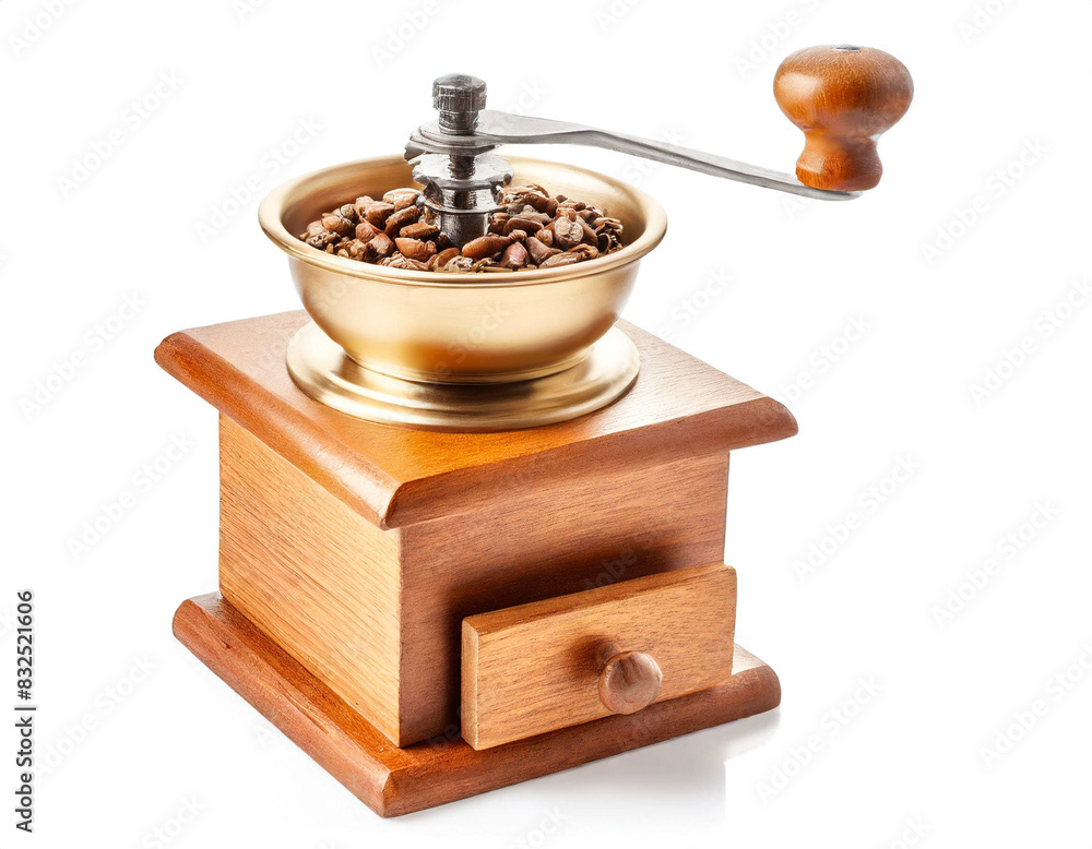 Holz Kaffeemühle isoliert auf weißen Hintergrund, Freisteller Holz Kaffeemühle isoliert auf weißen Hintergrund, Freisteller
