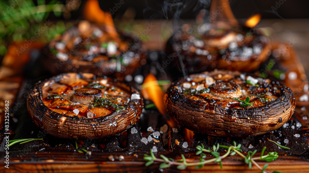 Side angle shot of grilled Portobello mushrooms with herbs and sea salt on a barbecue grill. Side angle shot of grilled Portobello mushrooms with herbs and sea salt on a barbecue grill.