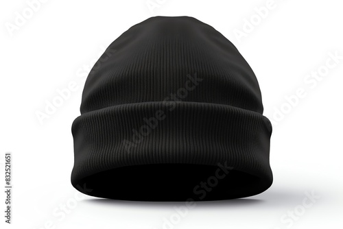 A minimalist black knit beanie hat isolated on a white background. Simple winter hat perfect for casual wear and warmth.