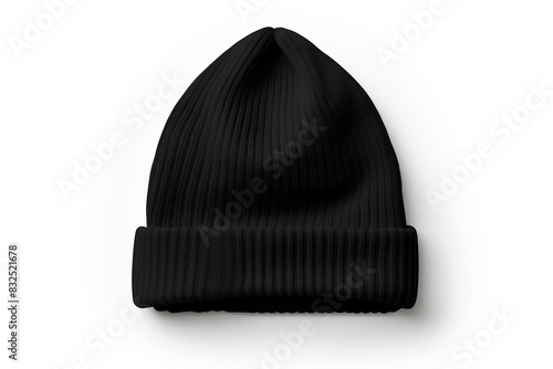 Black knit beanie hat isolated on white background. Winter accessory, warm, stylish, minimalist, ribbed texture. Perfect for casual outings.