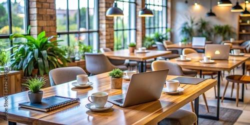 Cozy co-working space with laptops and coffee mugs on a table