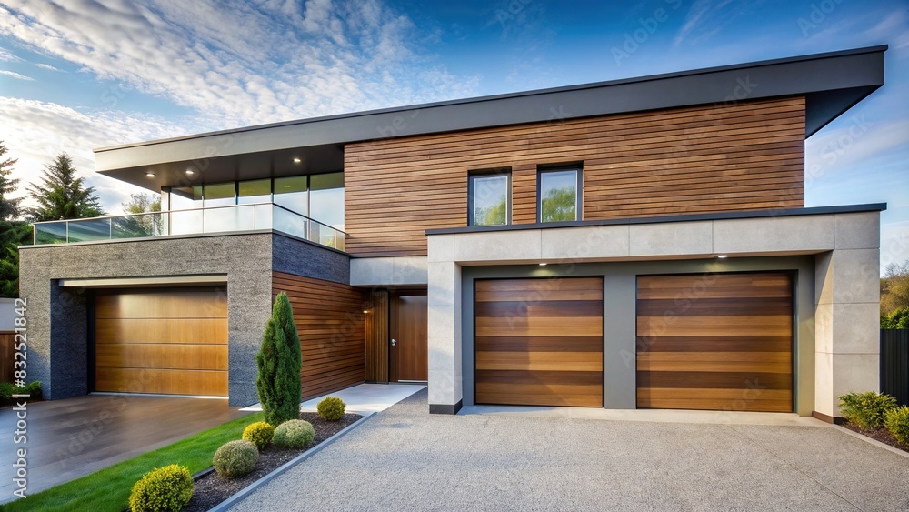 Modern house with a sleek wooden front door with sidelights and matching garage doors