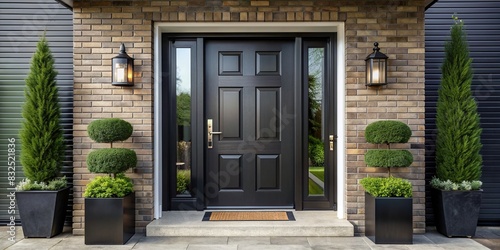Modern black front exterior door with single door and two sidelights © Woonsen