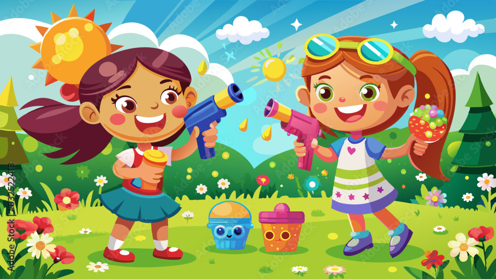 Happy Sisters Playing with Bubble Guns on a Sunny Day Happy Sisters Playing with Bubble Guns on a Sunny Day