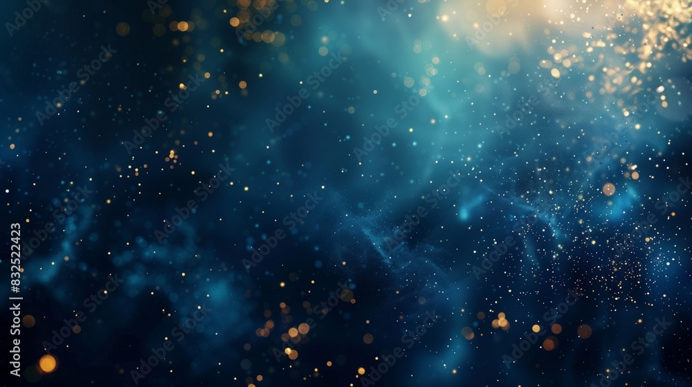 Abstract background with dark blue and gold particles, creating a cosmic scene with shimmering specks floating in deep blue space. Abstract background with dark blue and gold particles, creating a cosmic scene with shimmering specks floating in deep blue space.