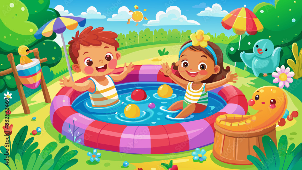 Fototapeta premium Two small children playing in a colorful inflatable pool