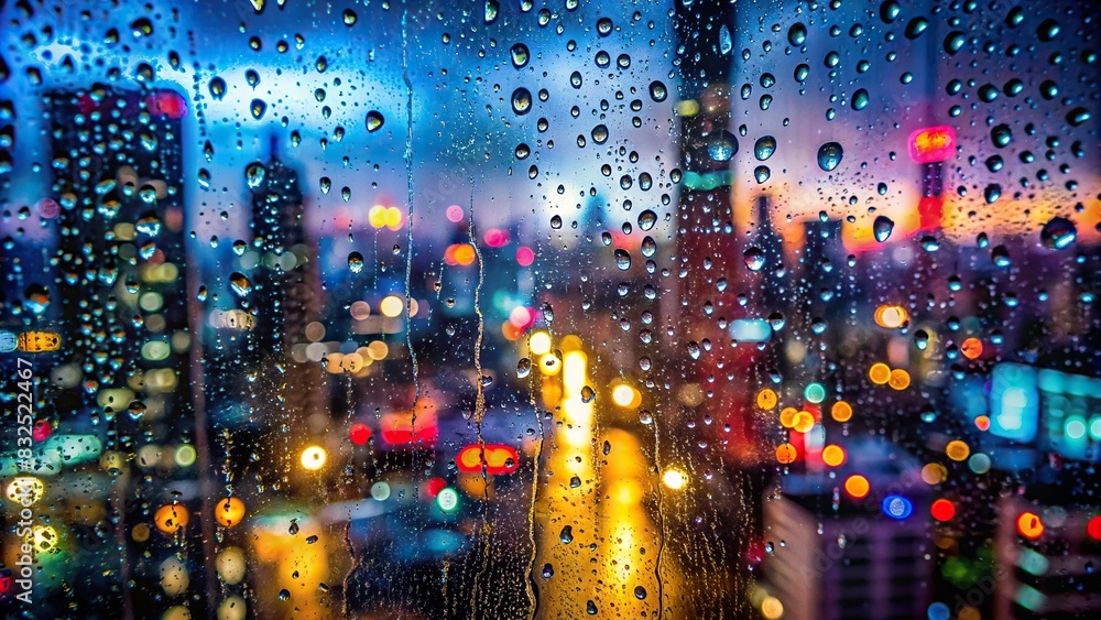 Rain drops on window overlooking cityscape at night