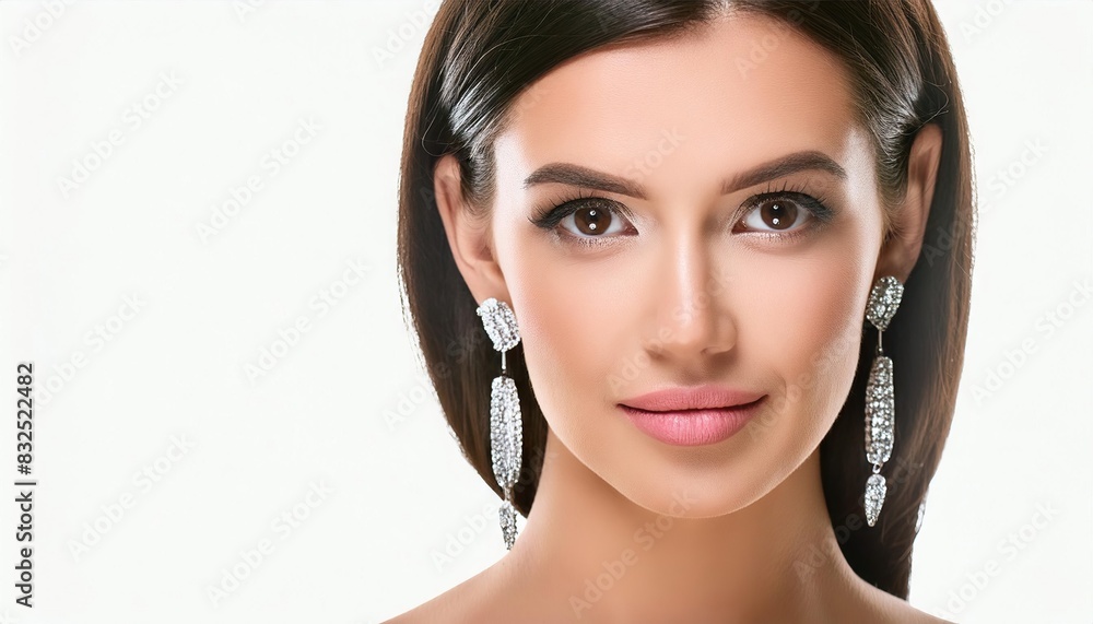 brunette beautiful woman wearing shiny diamond earrings on white brunette beautiful woman wearing shiny diamond earrings on white