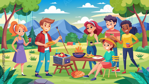 young people having fun in the park at the barbecue grilling and eating meat skewers together