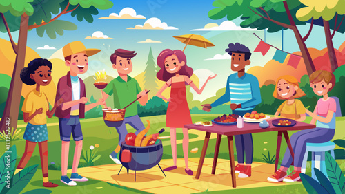 young people having fun in the park at the barbecue grilling and eating meat skewers together