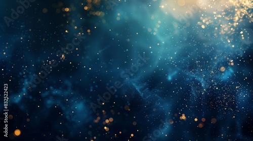 Abstract background with dark blue and gold particles, creating a cosmic scene with shimmering specks floating in deep blue space.