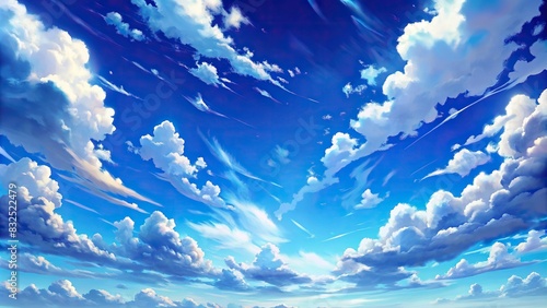Blue sky with fluffy clouds in manga/anime/comic style photo