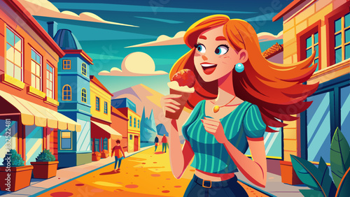 woman eating ice cream while standing in a street. A cheerful tourist enjoying her summer vacation.