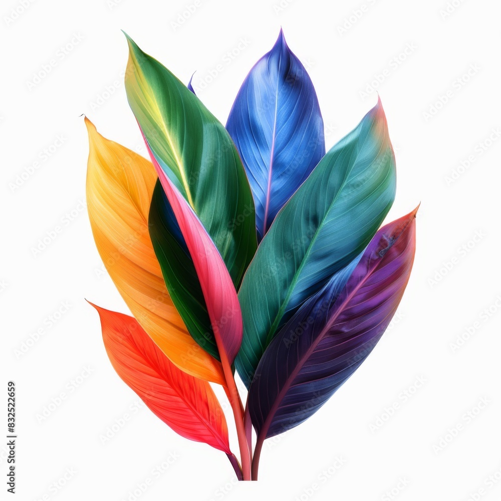 Vibrant Bird of Paradise Leaf on Isolated White Background with Colorful Rainbow Reflection - Botanical Nature Concept Vibrant Bird of Paradise Leaf on Isolated White Background with Colorful Rainbow Reflection - Botanical Nature Concept