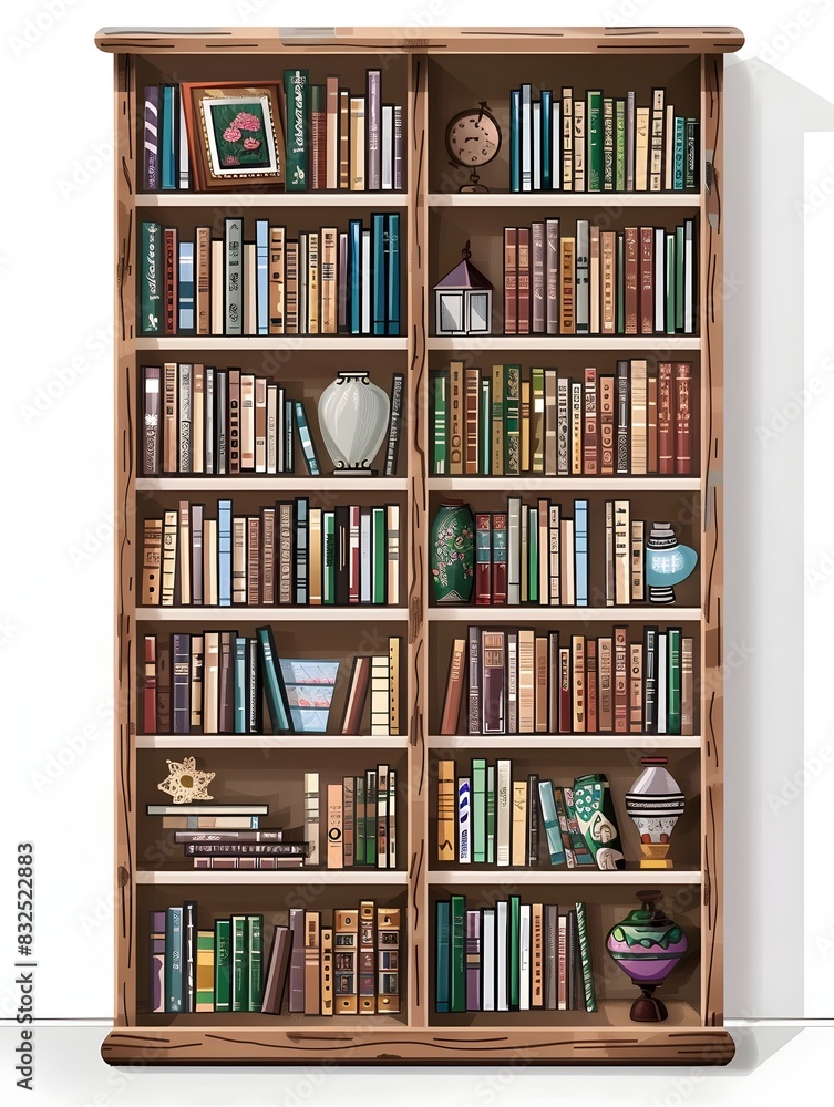 of a Tidy Narrow Bookshelf Filled with Books and Decorative Items on White of a Tidy Narrow Bookshelf Filled with Books and Decorative Items on White