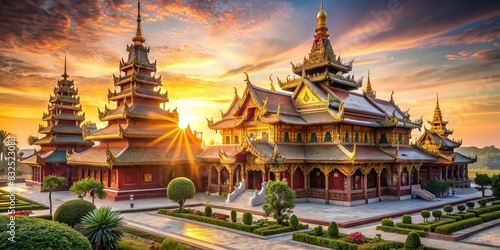 Morning sun casting a warm glow on an ornate temple in Asia photo