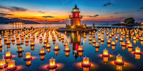 Beautiful lantern festival at lighthouse with glowing lanterns reflecting in water at night photo