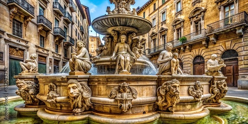 City fountain with intricate stone carvings and water spouting from multiple tiers photo