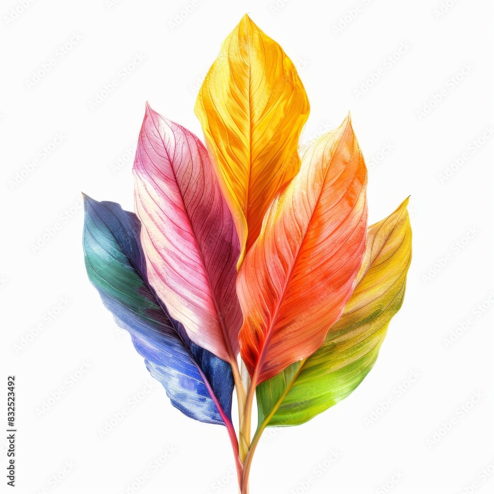 Vibrant Canna Leaf in a Colorful Rainbow Palette on Isolated White Background Vibrant Canna Leaf in a Colorful Rainbow Palette on Isolated White Background