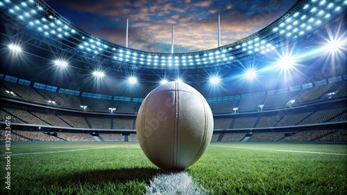 Close-up of rugby ball on field under stadium lights