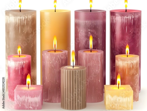 of Decorative Candles Arranged on White Background