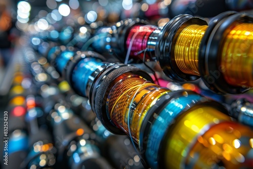 Macro shot of an array of colorful fishing reel handles on a blurred background