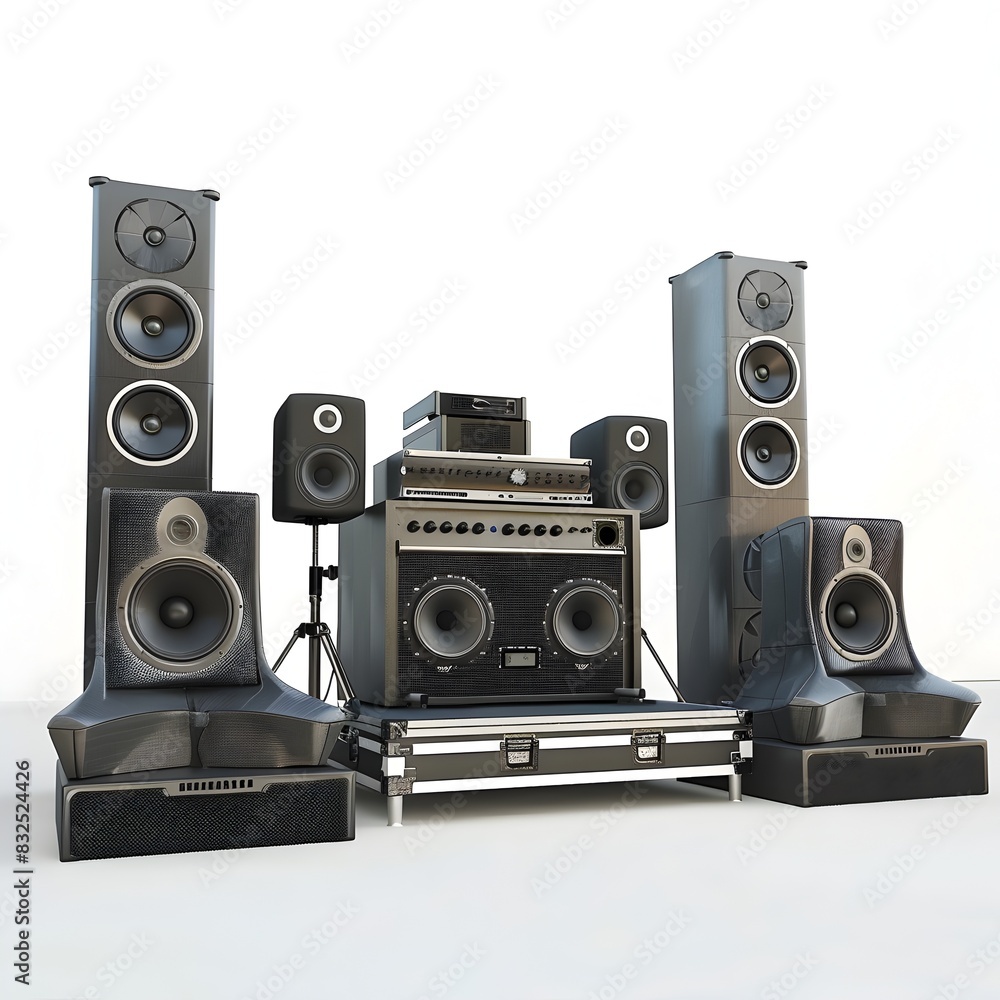 D Rendered Complete Sound System Setup on White Background D Rendered Complete Sound System Setup on White Background