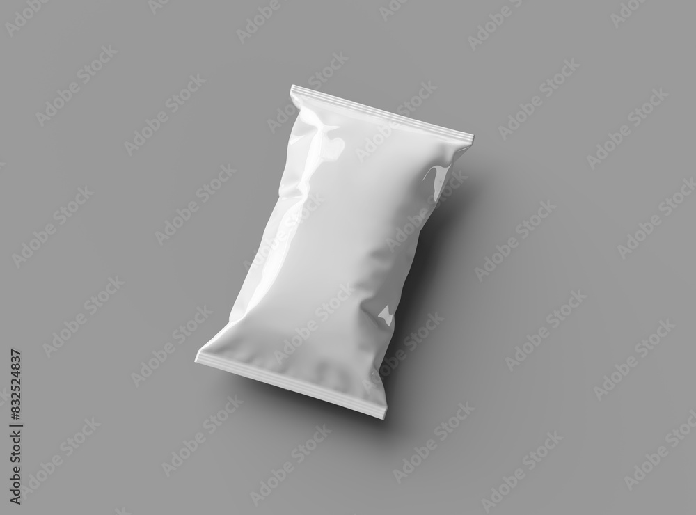 3D render of a pillowy snack packaging bag on a grey background 3D render of a pillowy snack packaging bag on a grey background