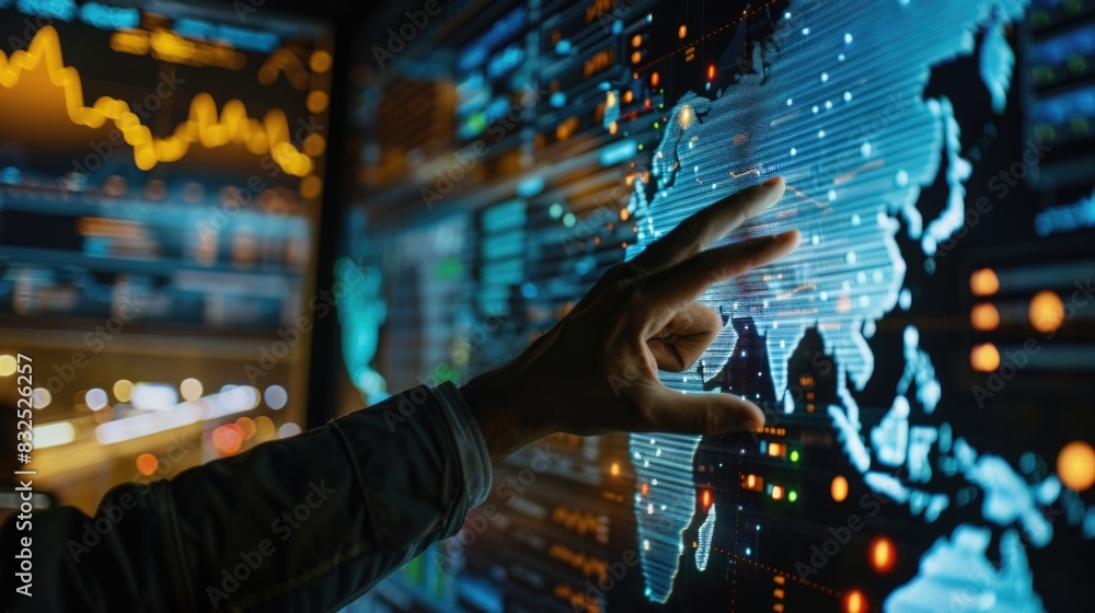 A closeup of an analyst using big data tools to track global shipping trends on a high-resolution screen A closeup of an analyst using big data tools to track global shipping trends on a high-resolution screen