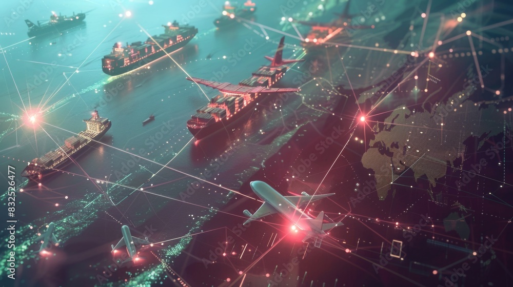 A realistic 8K image of international cargo ships and planes connected by digital lines