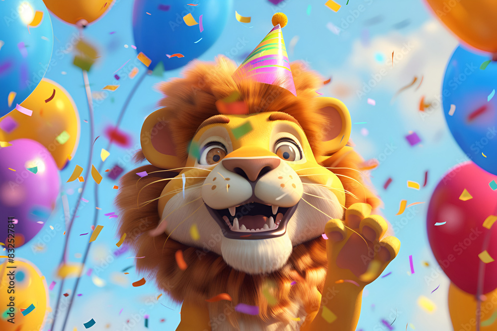 Fototapeta premium A jubilant lion amidst colorful balloons and confetti, rejoicing in a birthday celebration