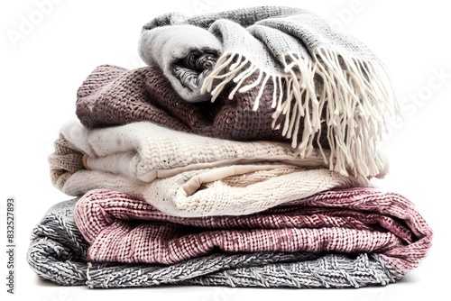 Warm and Cozy Knitted Blankets Neatly Stacked on a White Background