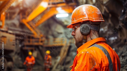 A miner in a hard hat and protective workwear is standing in a mine. mineral separators, magnetic separators working 