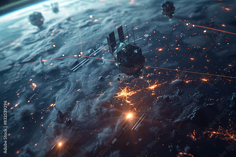 A network of satellites orbiting around a digital Earth, showcasing global connectivity and technological advancement. A network of satellites orbiting around a digital Earth, showcasing global connectivity and technological advancement.