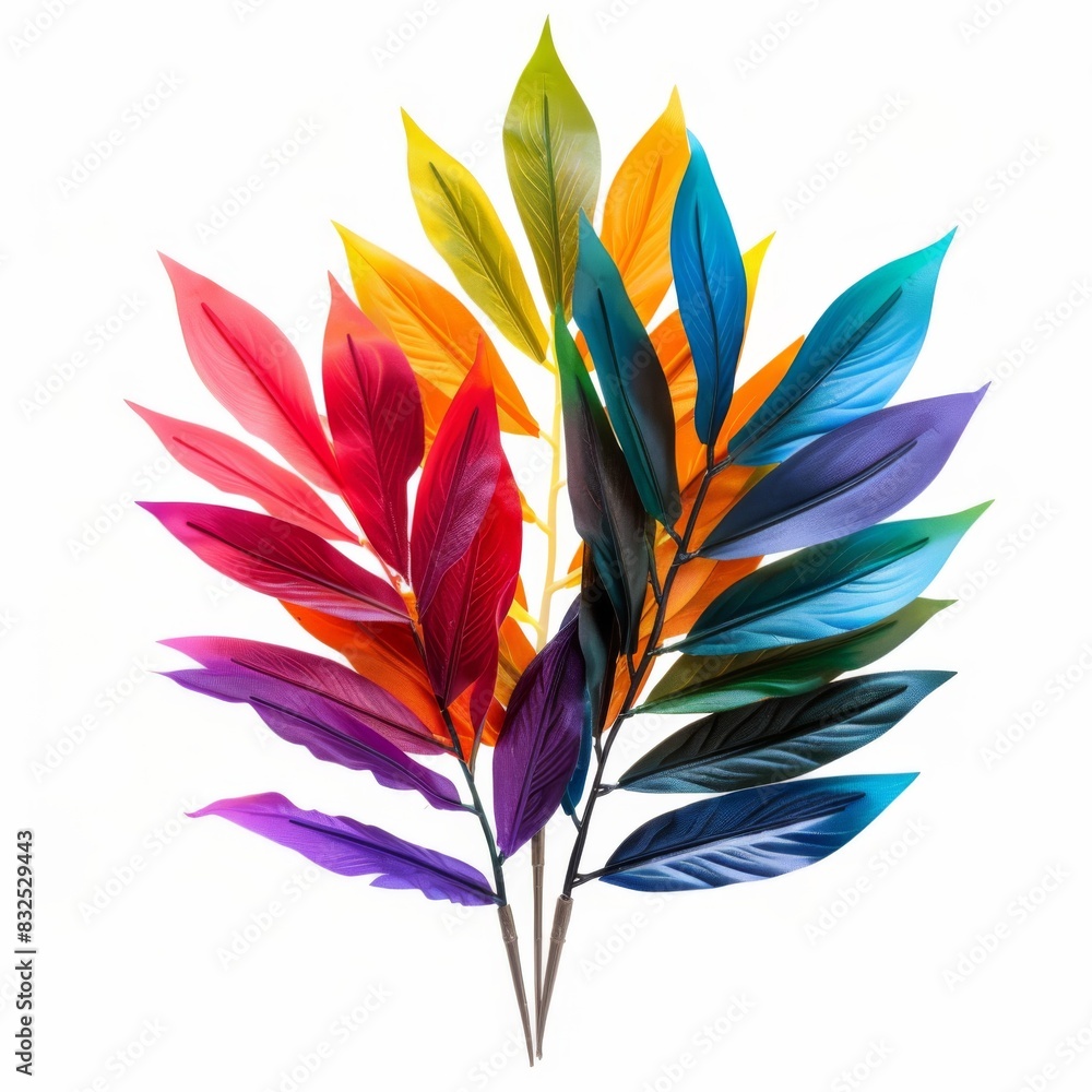 Vibrant Kentia Palm Leaf in Rainbow Colors on Isolated White Background Vibrant Kentia Palm Leaf in Rainbow Colors on Isolated White Background