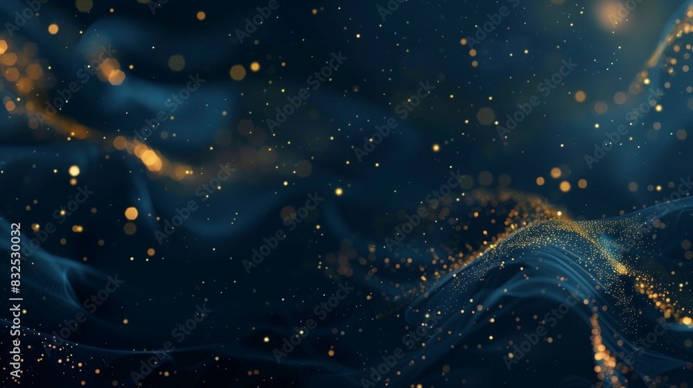 Dark blue abstract background with gold particles creating a shimmering effect, like stars in a night sky. Dark blue abstract background with gold particles creating a shimmering effect, like stars in a night sky.