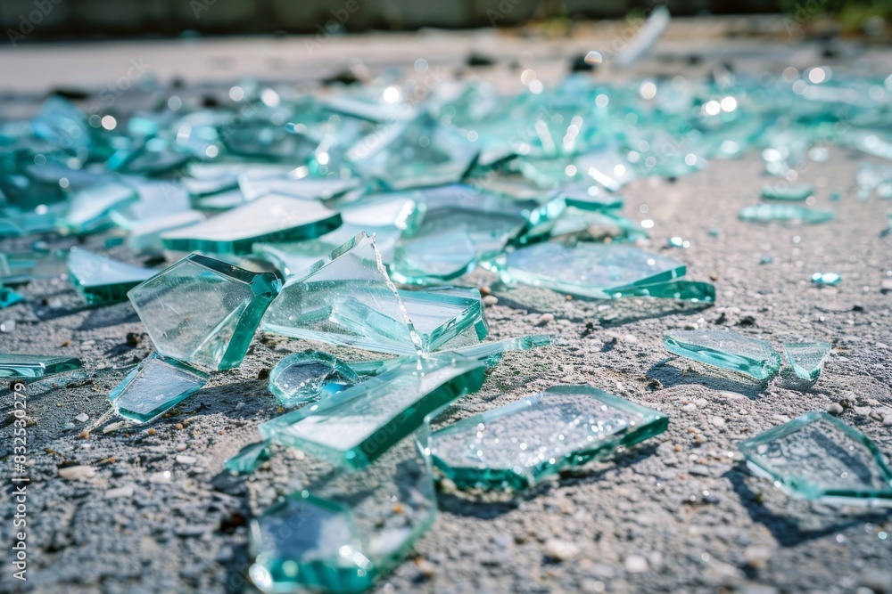 Naklejka premium Shattered glass fragments close-up on concrete surface