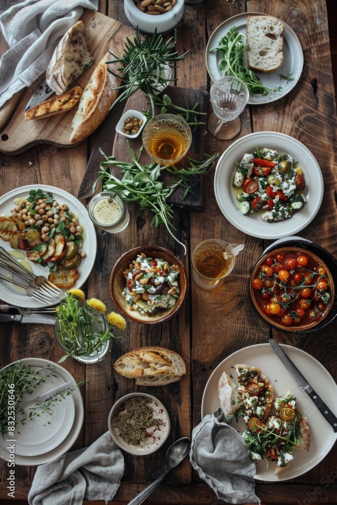 A rustic wooden table set with delicious dishes, perfect for food blogs or restaurant menus A rustic wooden table set with delicious dishes, perfect for food blogs or restaurant menus