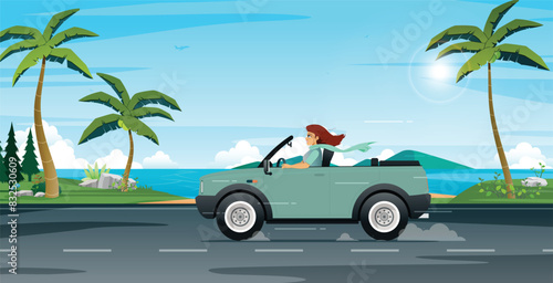 A woman drives a relaxed car amidst the breeze and the smell of the sea.