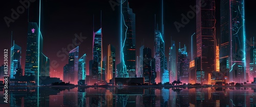 background Nighttime view of a modern cityscape with colorful neon lighting.