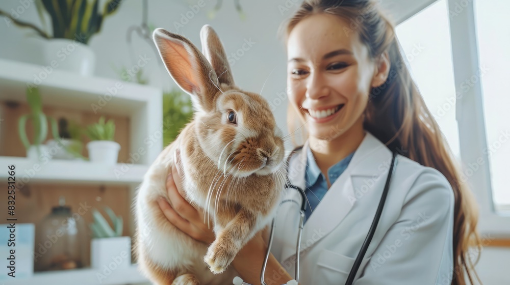 Fototapeta premium Woman Vet with Cute Rabbit in Modern Clinic Setting with Space for Text. Veterinary banner with copyspace