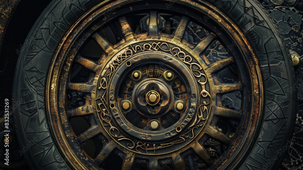 Rusty steampunk wheel with gold details for industrial or fantasy design