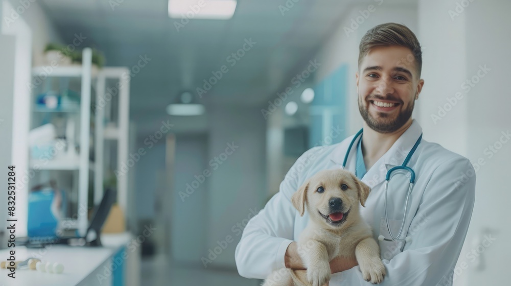 Puppy and Vet Tech Smiling in a Bright Clinic with Empty Space for Text, Showcasing Care and Happiness. Veterinary banner with copyspace Puppy and Vet Tech Smiling in a Bright Clinic with Empty Space for Text, Showcasing Care and Happiness. Veterinary banner with copyspace